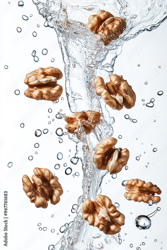 Poster walnuts splashing into water creating bubbles