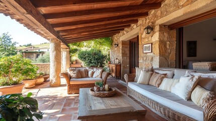 Fototapeta premium Wicker sofa on a patio with a stone wall and wooden beams.