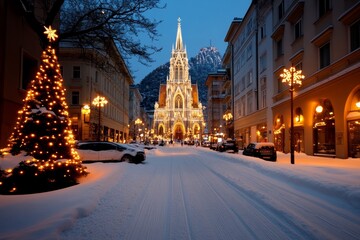 Fototapeta premium A snowy cityscape postcard of a famous European cathedral, lit up for Christmas with festive decorations and snow gently falling