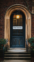 Fototapeta premium A welcoming entrance to library featuring prominent sign that reads Free Tutoring. architectural details and surrounding greenery create an inviting atmosphere for learners
