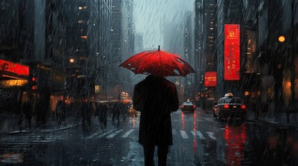 A solitary figure with a red umbrella walks through a rain-soaked city street.