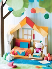 3D paper diorama of a kawaii bedroom,cute dollhouse