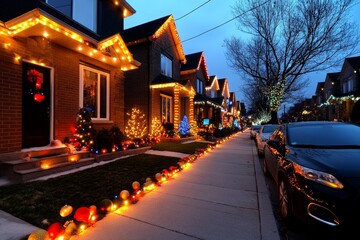 Fototapeta premium A street lined with glowing Christmas lights, with homes decorated from rooftop to sidewalk in festive colors
