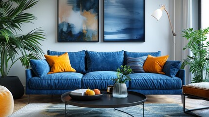 Modern living room with blue sofa, black coffee table, and bohemian decor. Scandinavian contemporary home interior design.