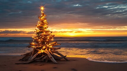 Christmas Tree on Beach Sunset
