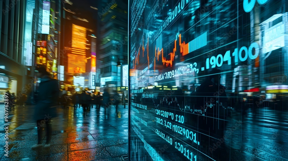 Aufkleber rapidly falling interest rates visualized on a digital display representing global financial changes