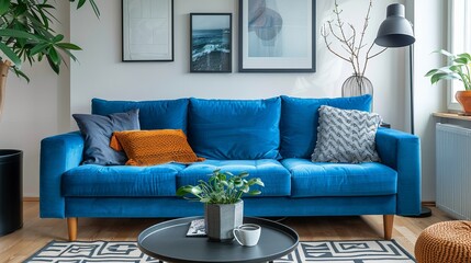 Modern living room with blue sofa, black coffee table, and bohemian decor. Scandinavian contemporary home interior design.