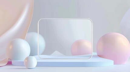 Fototapeta premium Abstract scene featuring a transparent glass frame surrounded by pastel-colored spheres on a light background. Modern and minimalistic concept