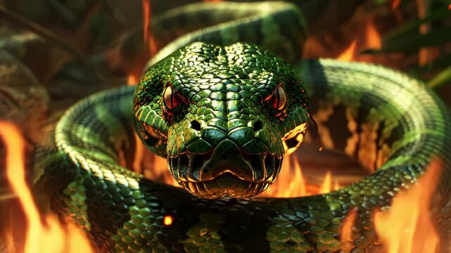 Green python surrounded by flames in a jungle setting, intense danger and vibrant detail 3d illustration. Video 4K