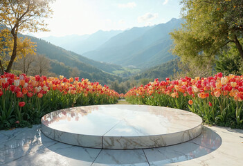 Circular marble podium in a garden colorful tulips