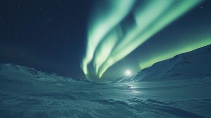 Fototapeta premium Aurora Borealis dancing across the night sky above a snow-covered landscape