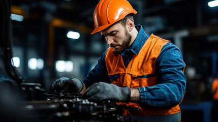 Dedicated factory worker wearing protective gear inspects and adjusts heavy machinery, ensuring efficient production processes in an industrial setting.
