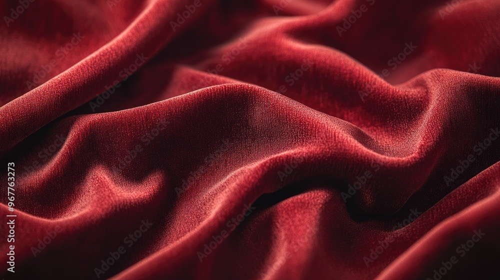 Poster a close-up of soft velvety fabric in a deep red, with light and shadows enhancing its rich texture a