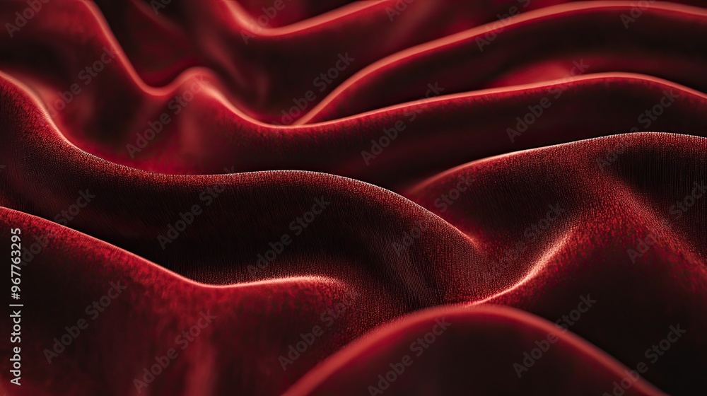 Poster a close-up of soft velvety fabric in a deep red, with light and shadows enhancing its rich texture a