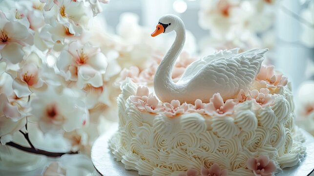 a birthday cake with the silute of a swan, decorate with sugar flowes