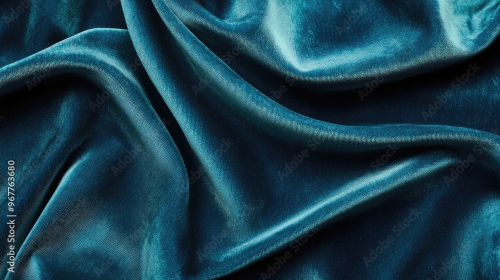 Poster a close-up of velvety fabric in a deep teal color, with soft folds creating a luxurious and smooth a