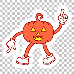 Cheerful pumpkin retro mascot dancing. Halloween party sticker pumpkin on a transparent background.