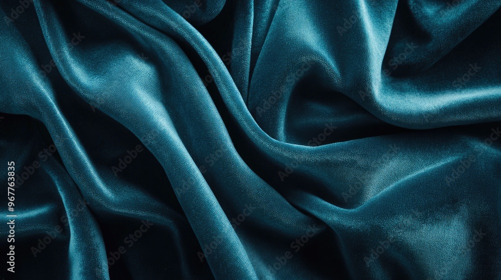 Poster a close-up of velvety fabric in a deep teal color, with soft folds creating a luxurious and smooth a