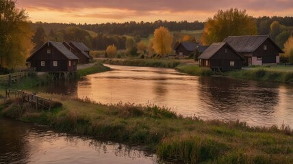 Fototapeta premium radiant sunset: a symphony of colors in nature's tranquility
