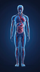 illustration of human body showcases major arteries and organs, highlighting intricate vascular system and internal anatomy. This detailed representation emphasizes complexity of human physiology