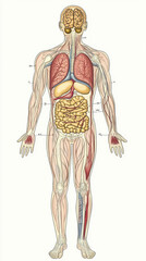 illustration of human body showcases major organs, including brain, lungs, heart, and digestive system, providing detailed view of human anatomy