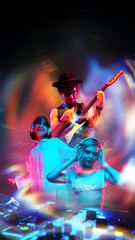 Poster. Strings of guitar sound through neon light, blending with beats from DJ decks, crafting...