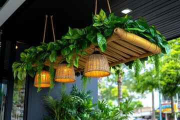 An awning made of bamboo above a tropical-themed cafÃ©, with greenery and hanging plants creating a lush, relaxing vibe