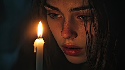 A Woman Gazing at a Lit Candle in the Dark