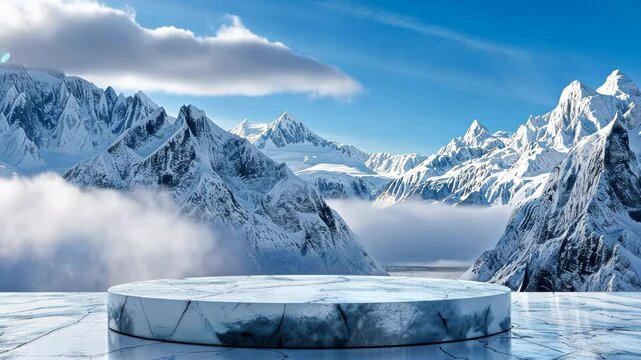 Ice podium background snow winter product platform cold mountain 3D. Podium ice display background cosmetic sky floor blue scene landscape frozen white cool stand pedestal minimal rock glacier nature.