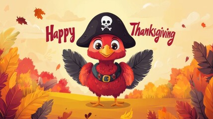 A cute cartoon turkey surrounded by autumn leaves, wishing everyone a Happy Thanksgiving.