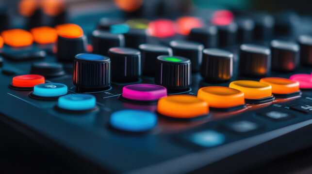 Close-up of a vibrant audio mixer featuring glowing, multicolored buttons and knobs, used for sound editing and music production.