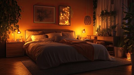 A cozy bedroom interior with a plush bed, soft lighting, and warm colors creating a relaxing atmosphere