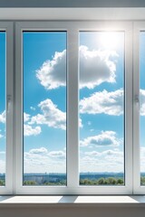 Bright and airy view from a window showcasing clear blue sky and fluffy clouds, perfect for depicting openness and tranquility.