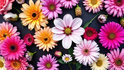 Fototapeta premium A possible name for this image could be A vibrant mix of pink, yellow, and white flowers against a soft background