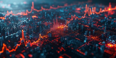 Futuristic cityscape with glowing red and blue financial graphs overlaying, representing market analysis, economic trends, and data visualization in a digital metropolis