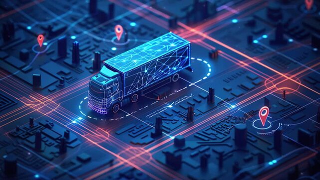 GPS tracking and moving truck with container on a map. Distribution and delivery concept