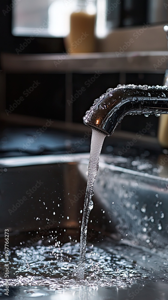 Poster water is flowing from kitchen sink faucet with broken handle, creating splash in basin. scene captur