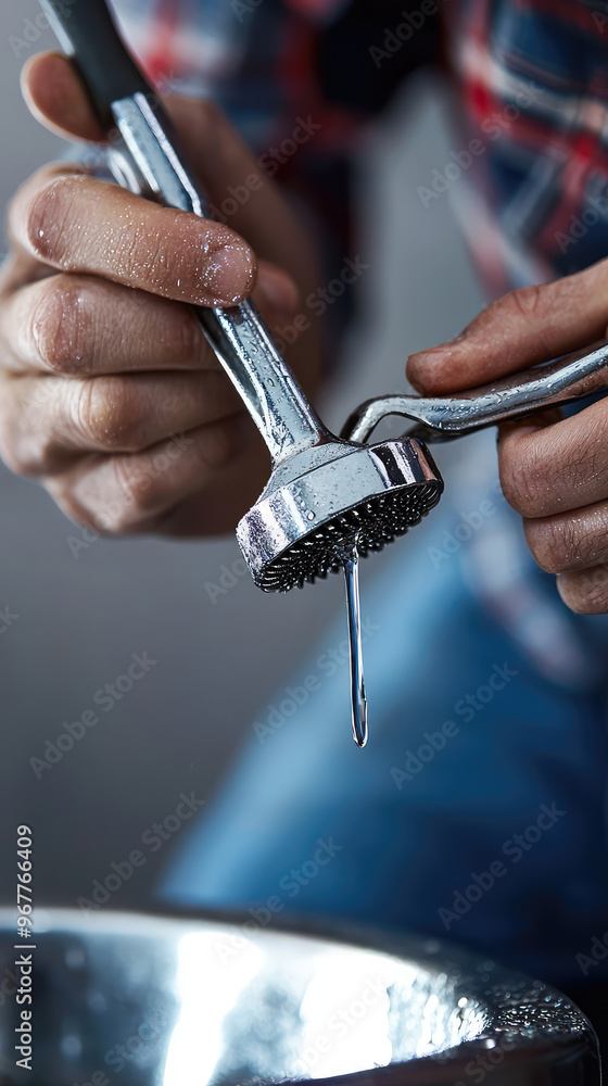 Poster fixing leaking sink with wrench, man demonstrates skill and focus while addressing plumbing issues. 