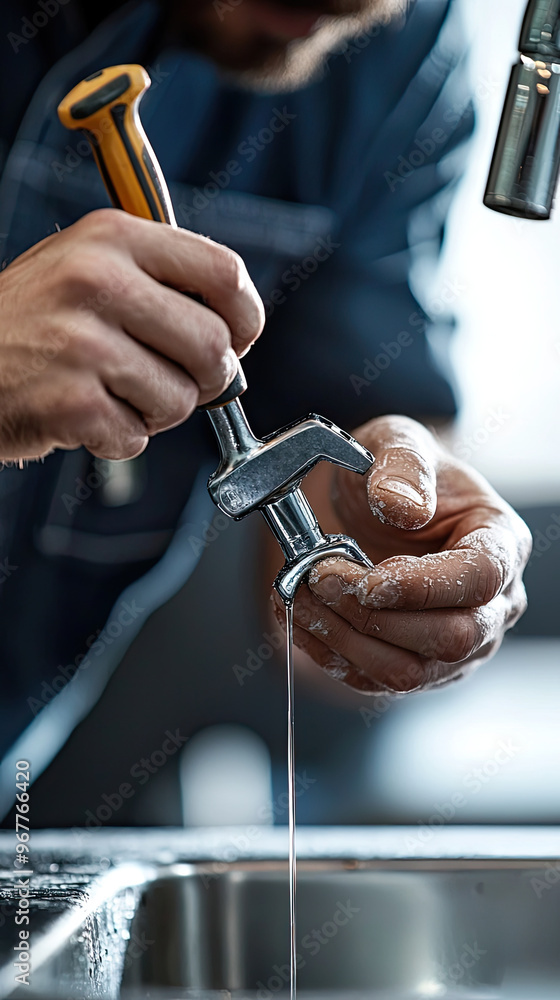Poster fixing leaking sink requires skill and precision. man uses wrench to tighten faucet, ensuring secure