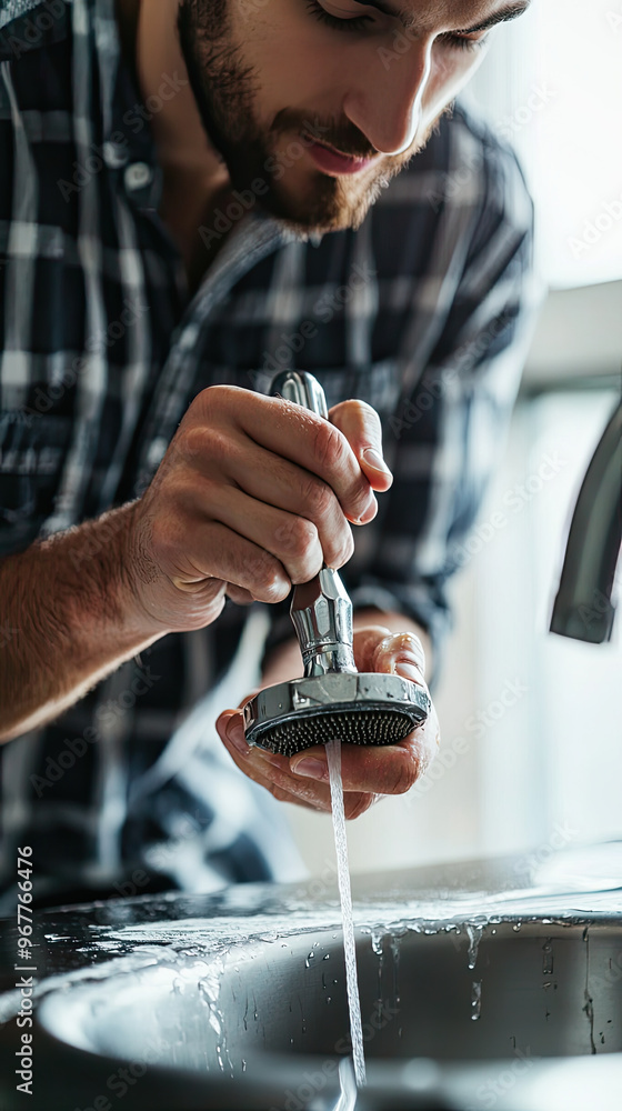 Poster a man is fixing leaking sink with wrench, demonstrating skill and focus while working on plumbing. s