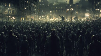 A massive crowd of zombies gathering in a city square, with ominous lighting and an eerie atmosphere