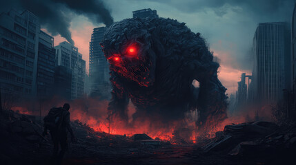 A monster with red eyes and a huge body is walking through a city