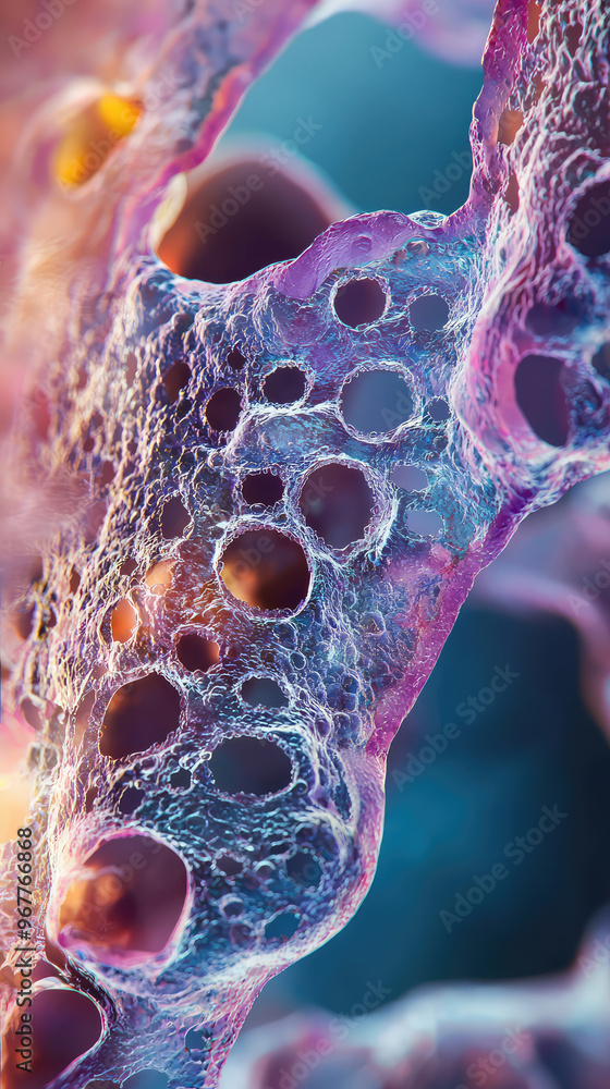 Poster microscopic view of adipose fat tissue showcasing intricate structures and textures. vibrant colors 