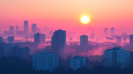 Fototapeta premium Panorama of the city at dawn with fog and sun in the sky. Foggy Morning. Illustration