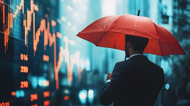Businessman Navigating Uncertain Economic Storm With Strategic Umbrella
