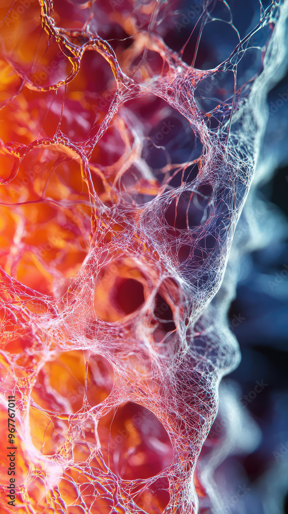 Poster microscopic view of connective tissue fibers showcasing intricate patterns and vibrant colors. delic