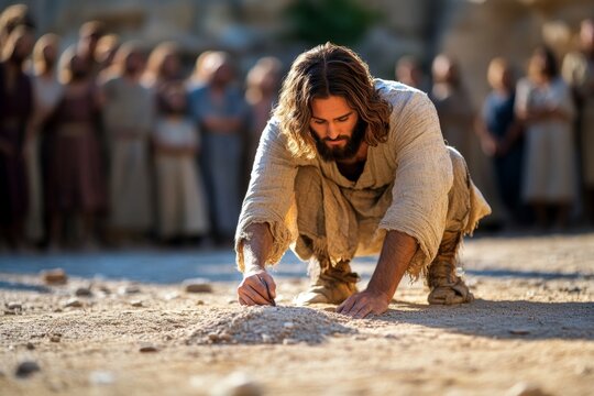 Jesus forgiving the woman caught in adultery, writing in the sand while the crowd slowly disperses, her sins forgiven