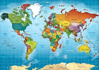 A vibrant, highly detailed world map illustration with labeled countries, borders, and oceans, perfect for educational,