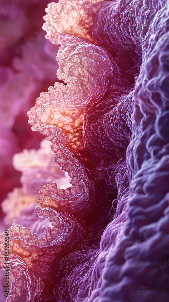 Poster microscopic view of small intestine lining, showcasing intricate textures and vibrant colors. delica