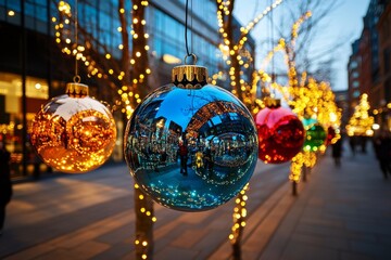 Lights shaped like Christmas ornaments, hanging from trees in a city square, bringing festive cheer...